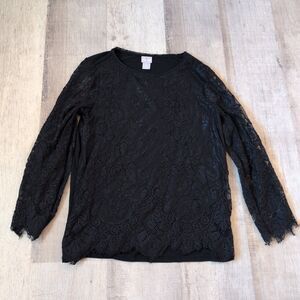 Chico's Women's Floral Lace Lined Long Sleeve Blouse Black Size 0 (S)